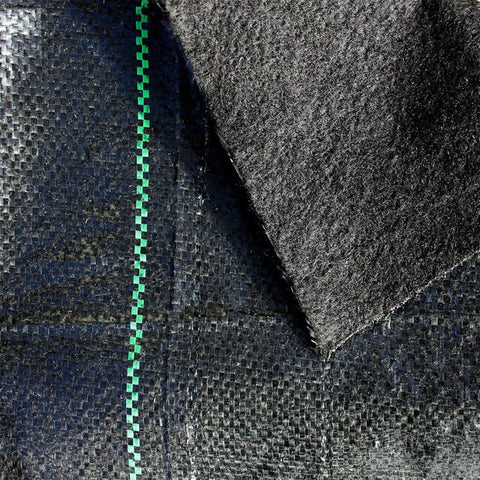 Close-up of Commercial-Grade Weed Control Fabric 4 Ft By 250 Ft, showing woven texture and green stripe design.