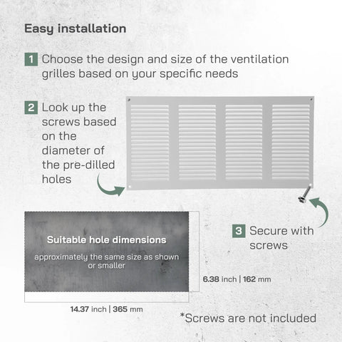 Installation guide for 16 By 8 Inch White Metal Air Vent Cover 3 Pack, illustrating dimensions and mounting instructions.