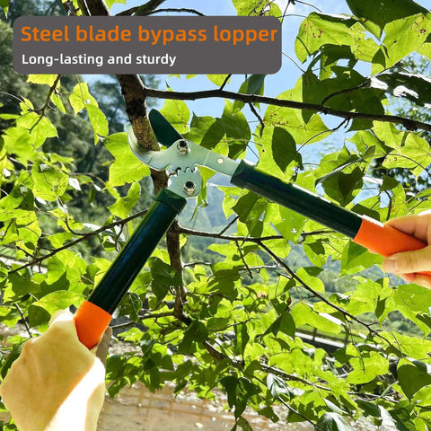 Powerful Gear Action Pruner with sharp steel blade cutting a branch, lightweight 15-inch garden clippers for hedging bushes.