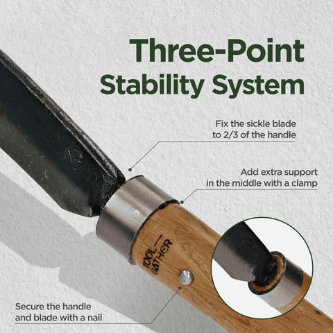 Three-point stability system on Hand-Forged Korean Sickle For Weeding And Brush Clearing Razor Sharp Blade Chestnut Wood Handle