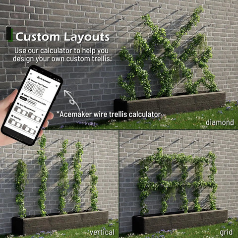 Custom layouts for Heavy Duty Tension Wire Trellis Kit For Outdoor Gardens with climbing plants on a wall setup.