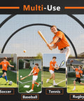Multi-use backyard baseball batting cage with open ended net, shows athletes playing soccer, baseball, tennis, and rugby inside.