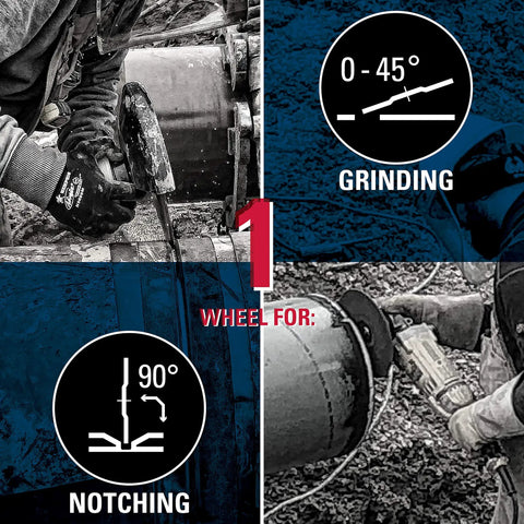 Diagram showing Tiger Pipeline 6 Inch Bead Grinding Wheel Z30T Type 27 for grinding and notching on pipelines.