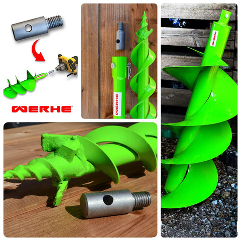 Go-To Earth Drill Adapter With M14 Thread For Concrete Mixers and Auger Drills, shown in use with green auger bits.