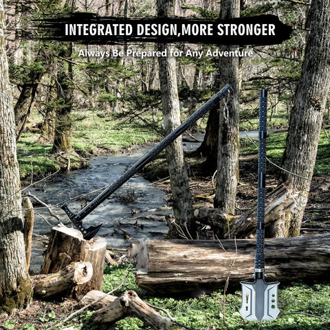 28-In-1 Survival Shovel Set With Axe And Knife, high carbon steel tool in forest setting, showcasing folding design for adventurers
