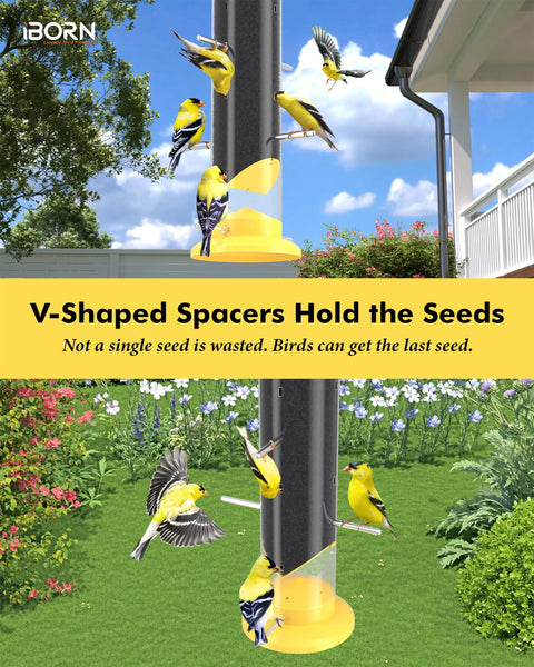 Outdoor Finch Feeder For Nyjer Thistle Seed, 14 Inch Tube Bird Feeder With 12 Feeding Ports And 8 Perches, Metal Hanging Yard Bird Feeder, Yellow Finish, Keeps Seeds Fresh And Dry with goldfinches.