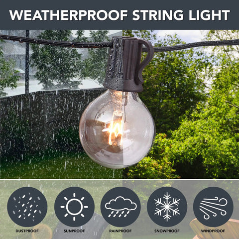 100 Ft Clear Globe G40 Outdoor String Lights on Black Cord with Bendable Easy Install Bulbs in rain