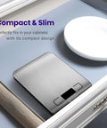 Digital Kitchen Scale With Grams And Ounces For Weight Loss, Baking And Meal Prep, Stainless Steel Compact Design in a drawer