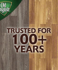 Old English logo with 'Trusted for 100+ Years' over light and dark wood surfaces background.