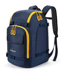 Ski Boot Bag 50L Travel Backpack For Boots Helmet Goggles Gloves Skis Snowboard Gear Blue with yellow zippers, side view