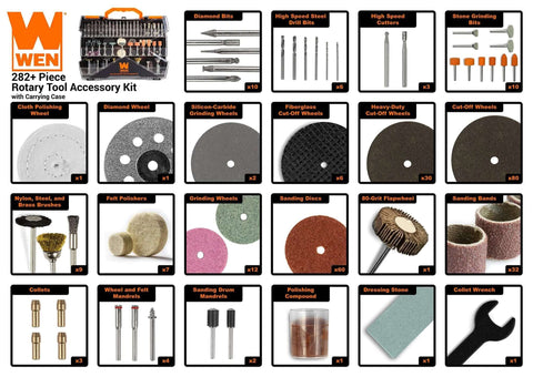 Front collage of WEN 282+ Piece Rotary Tool Accessory Kit with carrying case and assorted bits