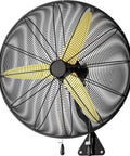 Beefed-Up Heavy Duty Wall Mount Fan With 11,200 CFM Industrial Airflow, black metal frame, and 3 yellow blades.