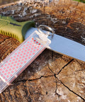 Pocket Diamond Sharpener With Monocrystalline Diamond Surface, Ultra Portable Keychain F70F Fine Grit Sharpener next to knife