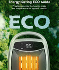 Portable 1500W Space Heater ECO Mode display over aerial view of forest, showing energy-saving option and digital screen.