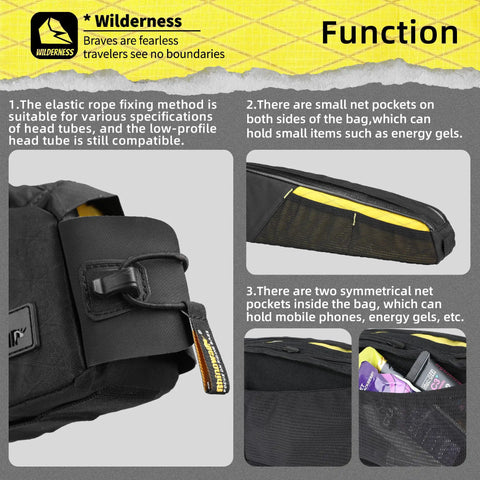 Top Tube Bike Bag Waterproof Front Frame Organizer 2.1L with dual side mesh pockets, black, shown with zipper detail and pockets
