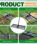 Heavy Duty Carbon Steel Lawn Leveling Rake 6 ft yard leveler for soil sand grass, 30 by 10 inch, versatile applications