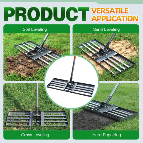 Heavy Duty Carbon Steel Lawn Leveling Rake 6 ft yard leveler for soil sand grass, 30 by 10 inch, versatile applications