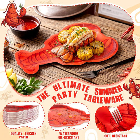 Crawfish Paper Plates 50 Pack, 10x12 Disposable Lobster Boil Trays with seafood and corn, ideal for parties.