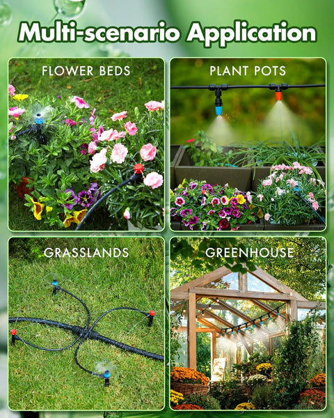 All In One Drip Irrigation Kit For Garden And Greenhouse With One Half And One Quarter Inch Tubing, multi-application setup.