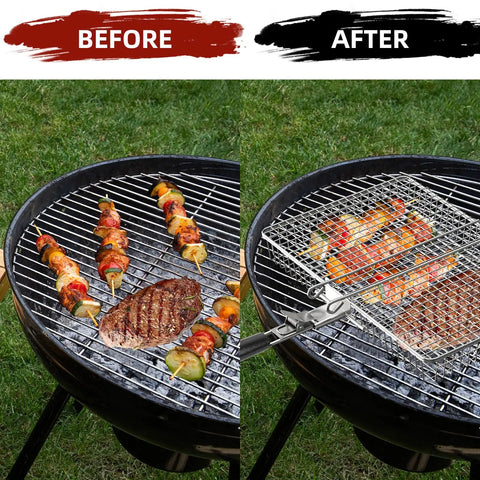 Extra Large Stainless Steel Grill Basket For Camping And BBQ Grillin Portable Folding Rack For Fish Vegetables Shrimp And More Today Great Gift For Men Dad in use with food on grill.