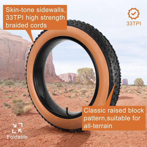 Two Pack 20x4.0 Fat Bike Tires And Tubes Puncture Resistant Folding Tire Sets 102406 with skin-tone sidewalls and all-terrain tread