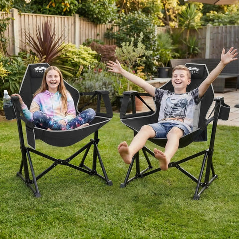 Two kids enjoying Ultra Comfy Portable Hammock Camping Chair With Adjustable Backrest, Padded Armrests And Headrest in backyard