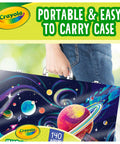 Space Theme 140 Piece Art Kit For Kids With Crayons Markers Pencils Drawing Sheets In Durable Case being carried by hand