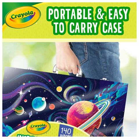 Space Theme 140 Piece Art Kit For Kids With Crayons Markers Pencils Drawing Sheets In Durable Case being carried by hand