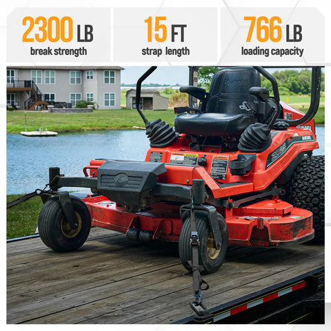 Heavy Duty Ratchet Strap Set 2300 Lb Break Strength 4 Pack 15 Feet By 1 Inch Wide securing lawn mower on trailer