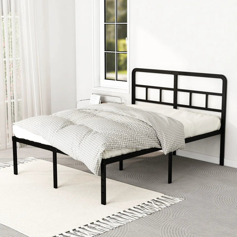 Built Tough 18 Inch Queen Metal Bed Frame With Attached Headboard, showing a black powder-coated frame and mattress.