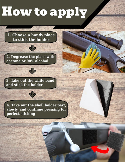 Step-by-step guide to attach Two Round Rifle Cartridge Holder With Hook And Loop Fastener And Adhesive Backing For Buttstock Or Side Mount Fits 6.5 Creedmoor 223 308 30 06 Calibers Two Bullet Holders With Two Extra Reserves For Quick Access In The Field