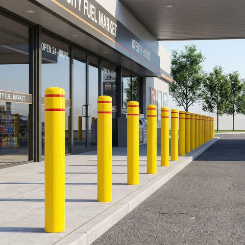 High Density Polyethylene Safety Bollard Covers Refresh Rusty Outposts With Zero Sweat Installation Plus Included Foam Pad For A Snug Setup Blocks Scratches On Pavement While Keeping The Area Looking Clean Without Any Extra Drama Year Round, yellow bollards at a fuel market.