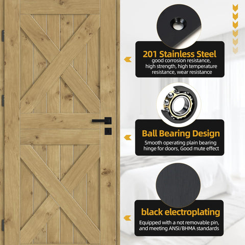 JAVOUKA black metal door hinge on a wooden barn-style door (front view)