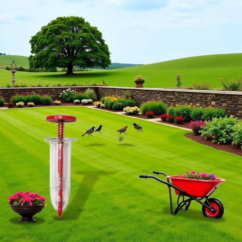Compact Handheld Seed Spreader For Precise Sowing In Lawns, Gardens And Planters displayed in a lush garden setting.