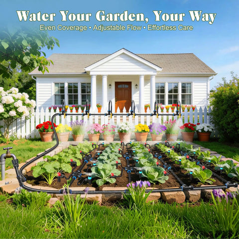 Effortless Drip Irrigation Kit For Garden And Yard With Automatic Plant Watering System in a landscaped garden setup