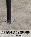 Ride-Ready Outdoor EV Charging Pedestal Housing a Tough Steel Hood Shielding Plug-In Wheels From Storms, anchored base on concrete surface.