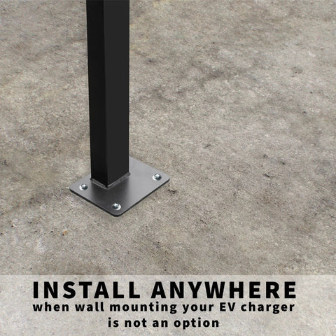 Ride-Ready Outdoor EV Charging Pedestal Housing a Tough Steel Hood Shielding Plug-In Wheels From Storms, anchored base on concrete surface.