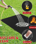 Under Grill Mat For Outdoor Grills Large 60 By 40 Inches Double Sided Fireproof Pad With Fiberglass shows cleaning and fireproof features.