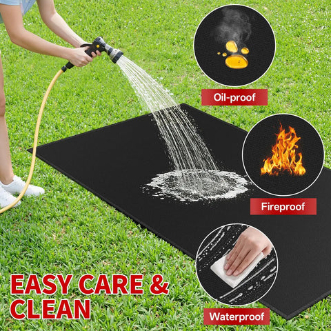 Under Grill Mat For Outdoor Grills Large 60 By 40 Inches Double Sided Fireproof Pad With Fiberglass shows cleaning and fireproof features.