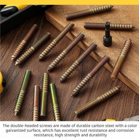 Heavy Duty Double Headed Hanger Bolts Quarter Inch By Two Inch Carbon Steel Screws With Quick Grip Driver for Wood Furniture Assembly on wooden surface.