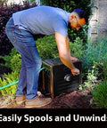 Beefy 200 Foot Hose Storage Box with Internal Poly-Resin Reel, No-Leak Aluminum Quick Connections, in garden setting