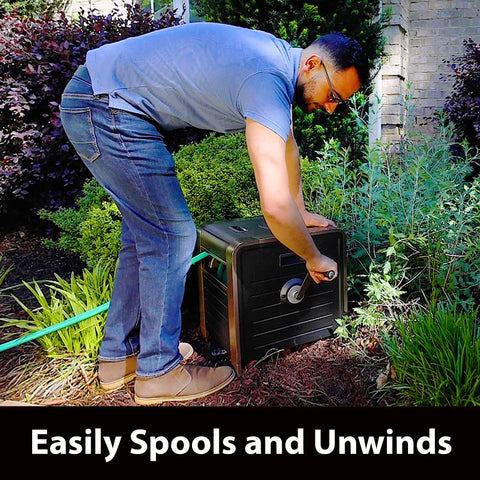 Beefy 200 Foot Hose Storage Box with Internal Poly-Resin Reel, No-Leak Aluminum Quick Connections, in garden setting