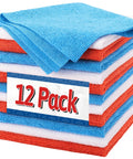 Stack of Ultra Absorbent Microfiber Cleaning Cloths Pack Of 12 For Cars And Home, Lint Free Scratch Free Towels striped in red, blue, and white.