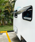 Heavy Duty Gas Struts 2 Pack 8 Inch 55 Lb Lift Supports Silver Tone installed on RV windows for reliable opening.