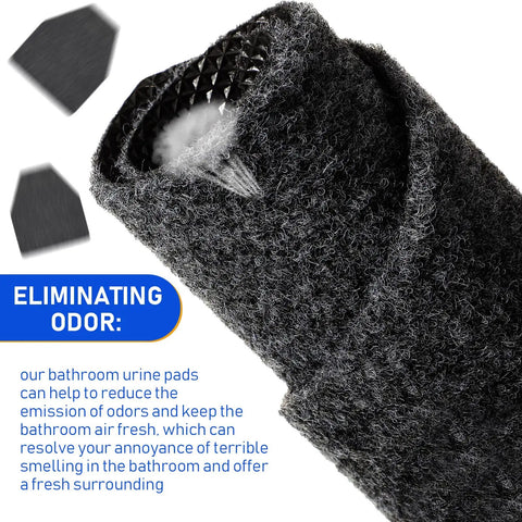 Close-up of black urinal mat material showcasing texture with odor elimination feature, 10 Pack Urinal Mats For Men Non Slip Urinal Floor Mats For Commercial Restrooms Highly Absorbent Durable With Waterproof TPR Backing Keeps Urinal Floors Dry And Slip Free Black.