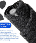 Close-up of 30 Pack Non Slip Urinal Mats For Men Highly Absorbent Urinal Floor Pads, black texture with odor elimination text