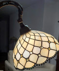Close-up of Tiffany Style Floor Lamp With Jeweled Beaded Arched Design, 62 Inch Tall Stained Glass Yellow Vintage Lamp For Bedroom Or Living Room.