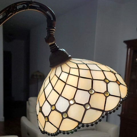 Close-up of Tiffany Style Floor Lamp With Jeweled Beaded Arched Design, 62 Inch Tall Stained Glass Yellow Vintage Lamp For Bedroom Or Living Room.