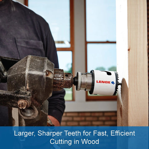 Bi-Metal Speed Slot Arbor Hole Saw With T3 Technology in use on wood, showing thicker walls and sharp teeth for fast cutting
