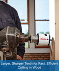Bi-Metal Hole Saw With Speed Slot For Easy Plug Ejection 1-1/8 Inch Arbor cutting through wood with sharp teeth
